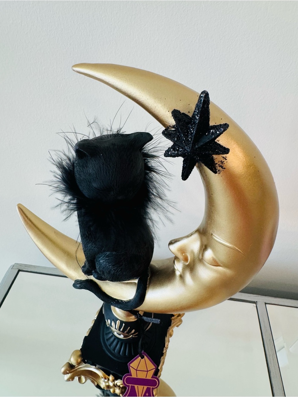 NEW Eerie Charm Celestial Moon Holding Black Cat With Fur CollarHalloween Decor - Picture 2 of 4
